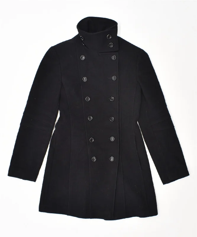 MOTIVI Womens Double Breasted Coat UK 8 Small Black Wool Vintage