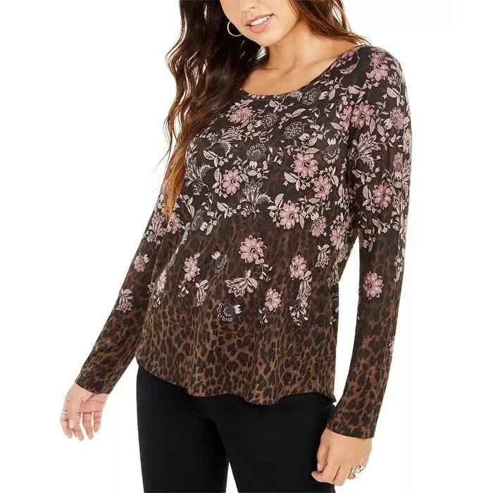 Style & Co Women's Mixed-Print Long-Sleeve Top Brown Size X-Large