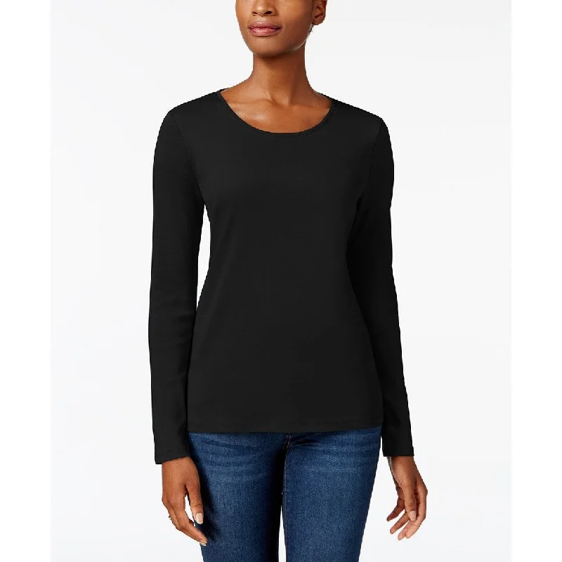 Charter Club Women's Pima Cotton Long-Sleeve Top Black Size Large