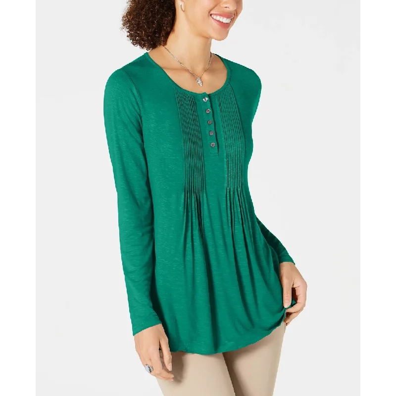 Style & Co Women's Long-Sleeve Pintuck Top Green Size Extra Small