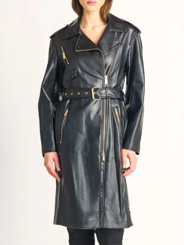 Belted Faux Leather Coat In Black