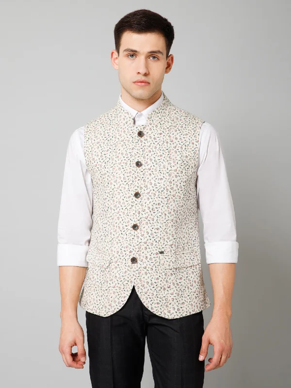 Men Beige Floral Printed Formal Band Collar Sleeveless Waist Coat