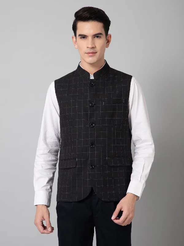 Men Black Checkered Formal Band Collar Sleeveless Waist Coat