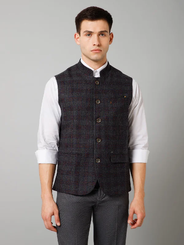 Men Olive Checkered Formal Band Collar Sleeveless Waist Coat