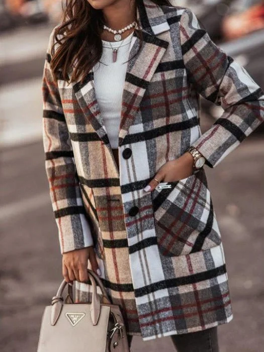 Checkered Lapel Wool Blend Coat