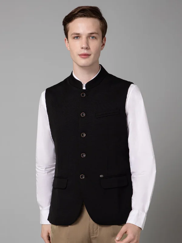 Men Black Self Design Formal Band Collar Sleeveless Waist Coat