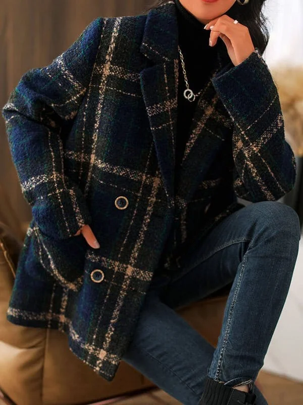 Green and Blue Plaid Warm Coat