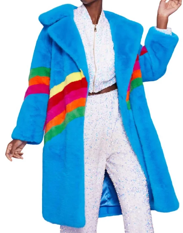 Sauki Rainbow Faux Fur Coat In Blue