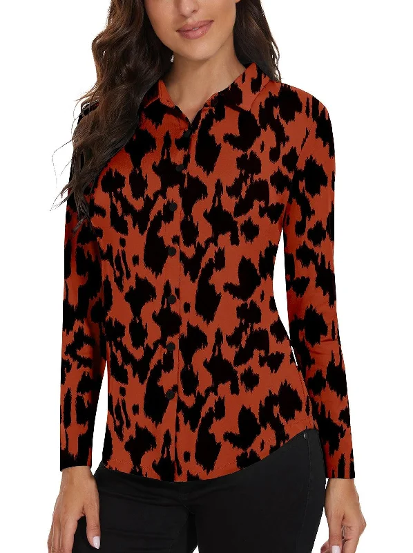 Brown Leopard Print Button-down Long-sleeve Athletic Top for Women