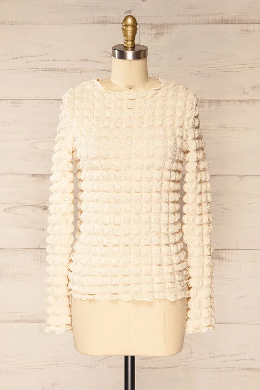 Raguel Beige | Popcorn Textured Long-Sleeved Top