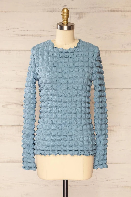 Raguel Blue | Popcorn Textured Long-Sleeved Top