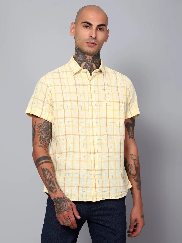 Men's Yellow Casual Big Checks Half Sleeve Shirt