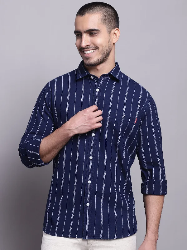 Men's Navy Blue Casual Broad Stripe Full Sleeve Shirt