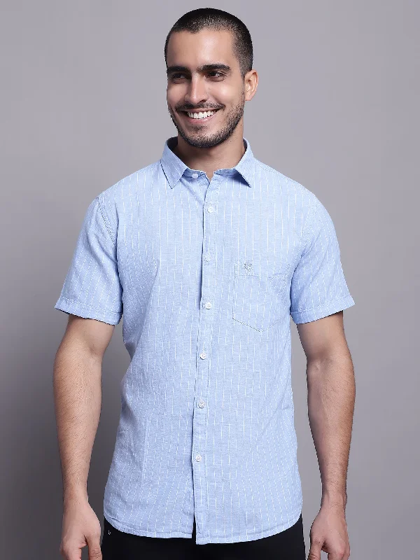 Men's Light Blue Casual Thin Stripe Half Sleeve Shirt