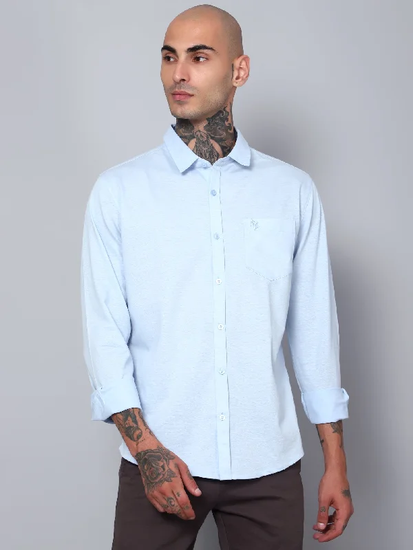 Men's Light Blue Casual Knit Jersey Full Sleeve Shirt