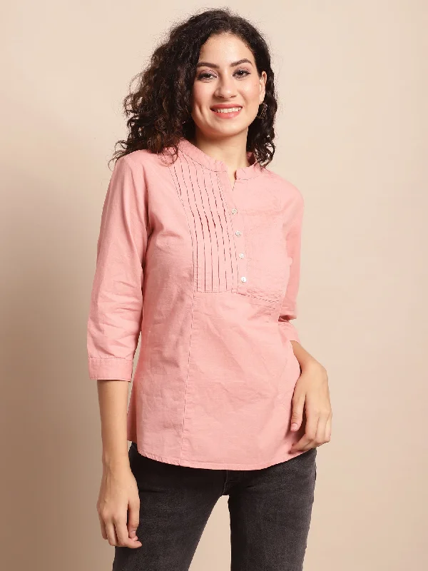 Women's Casual  Peach Solid Mandarin Collar Tunic