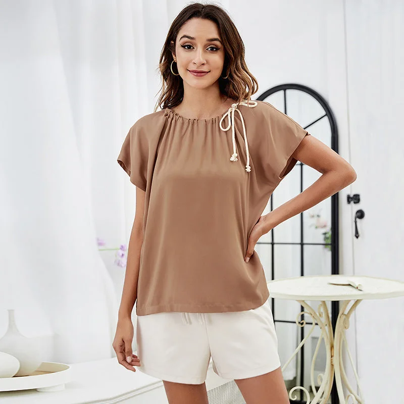 Drawcord Loose Bottoming Short Sleeve Leisure Wholesale Womens Tops