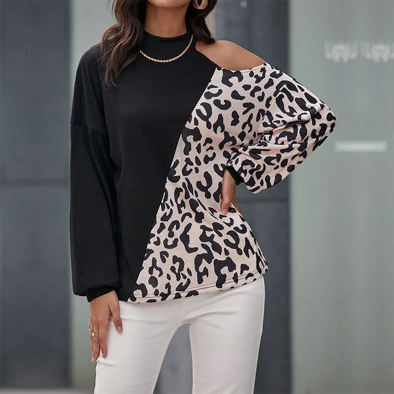 Ladies Long Sleeve Stitching Leopard Print Off-Shoulder T-Shirt Wholesale