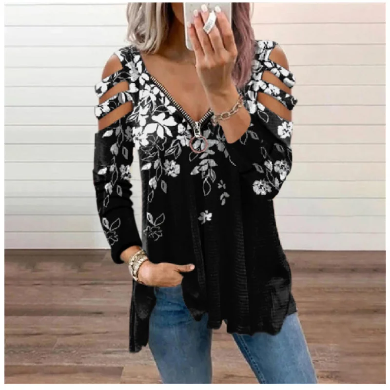 Sexy V Neck Printed Tops Loose Zipper Wholesale Womens Long Sleeve T Shirts