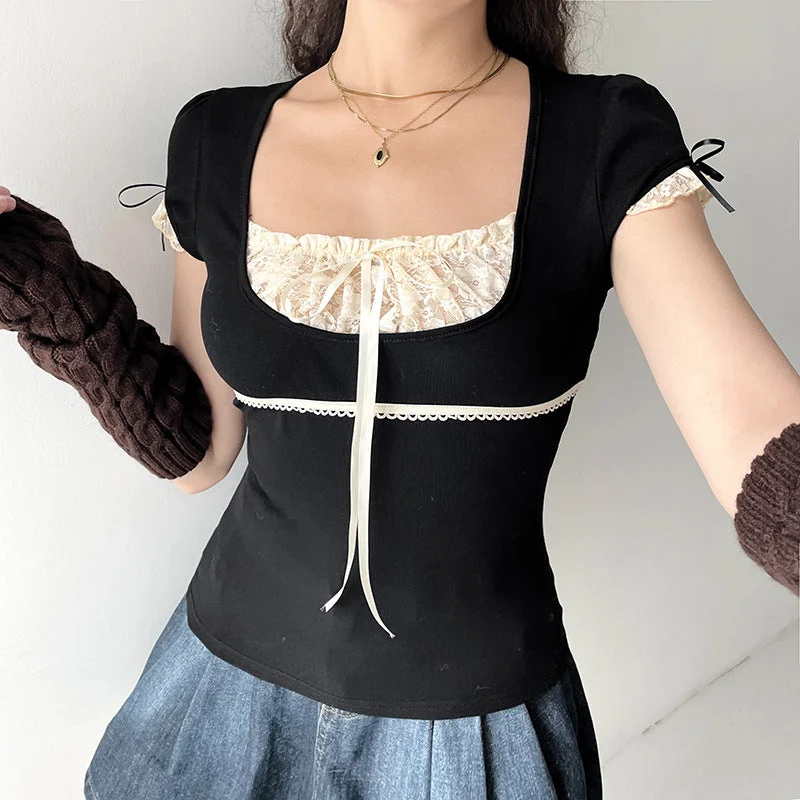 Stitching Lace Square Tieback Bowknot Wholesale T Shirts Casual Womens Tops