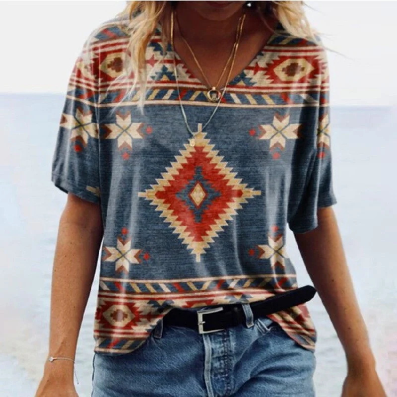 Women Top Wholesale Vintage Geometric Bohemian Style V-Neck T-Shirt