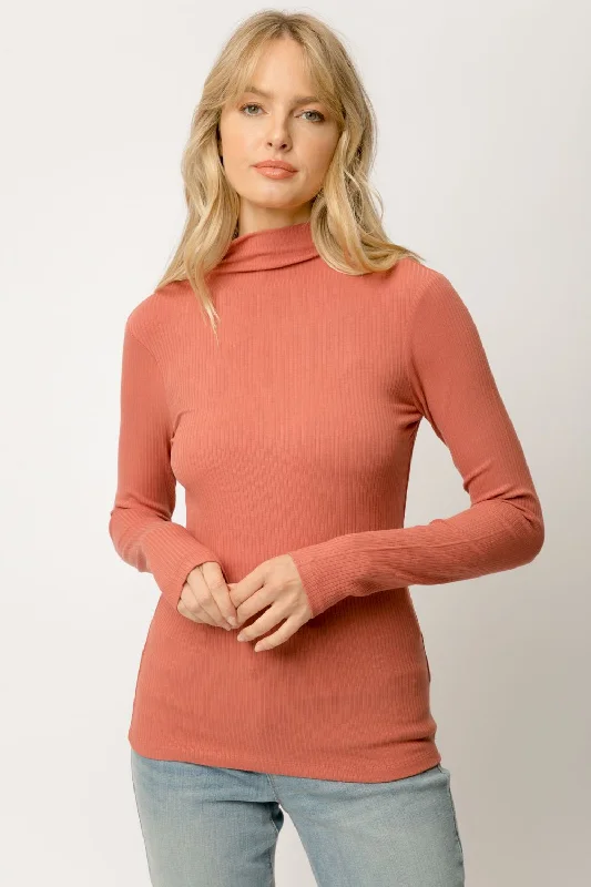 Mystree Ribbed Mock Neck Turtleneck In Terracotta