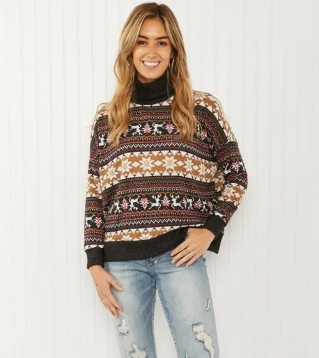 Brown Winter Print Lightweight Turtleneck Sweater