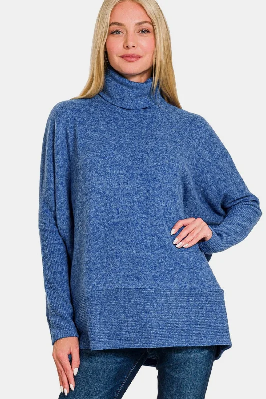 Brushed Melange Hacci Turtleneck Navy Sweater