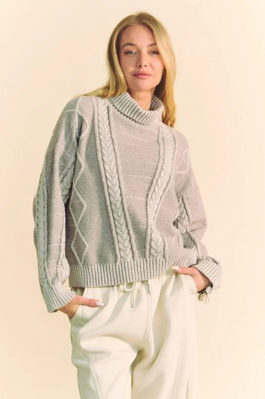 Gray Cable-Knit Turtleneck Dropped Shoulder Sweater