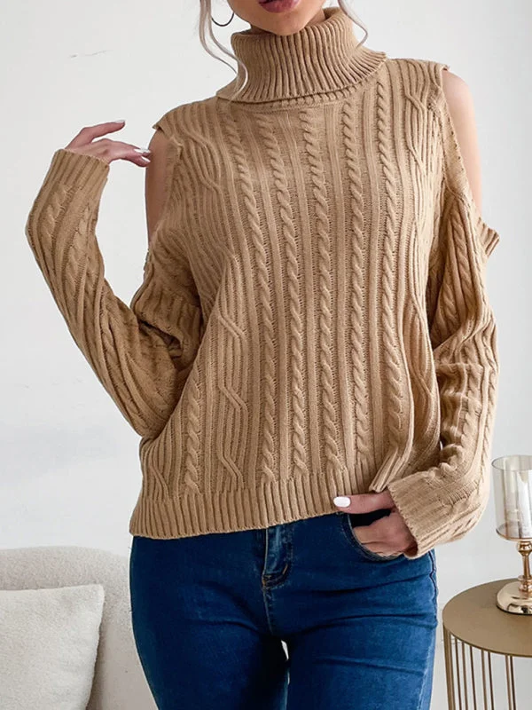 Cable Braid Knit Turtleneck Sweater - Cold Shoulder Jumper