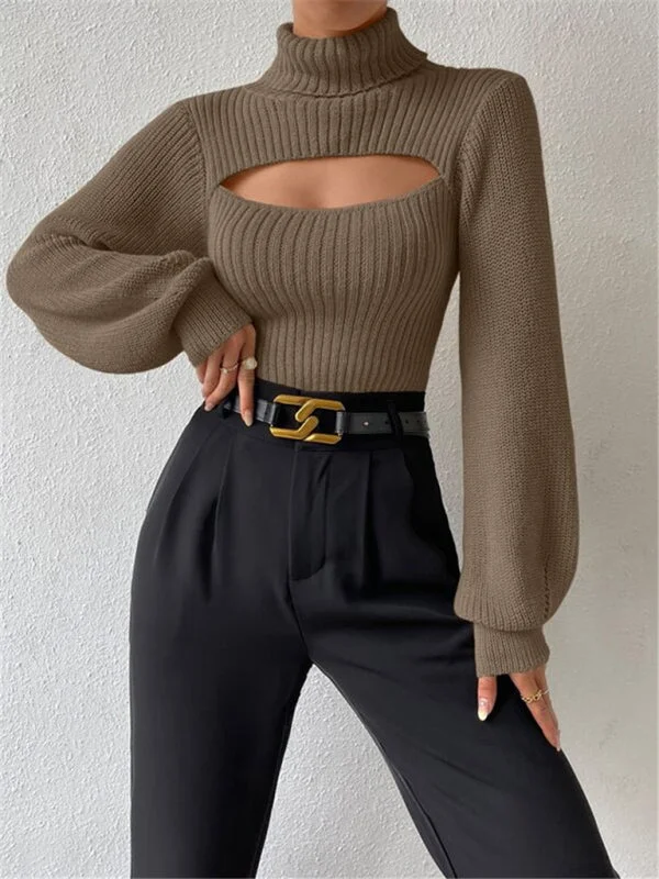 Elegant Rib-Knit Turtleneck Sweater with Cutout Front