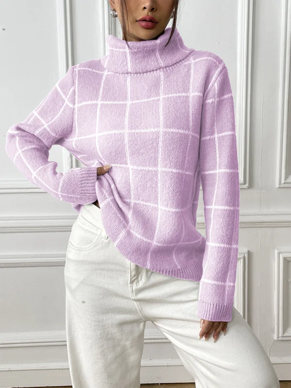 Women’s Cozy Plaid Turtleneck Jumper Sweater for Winter Layering