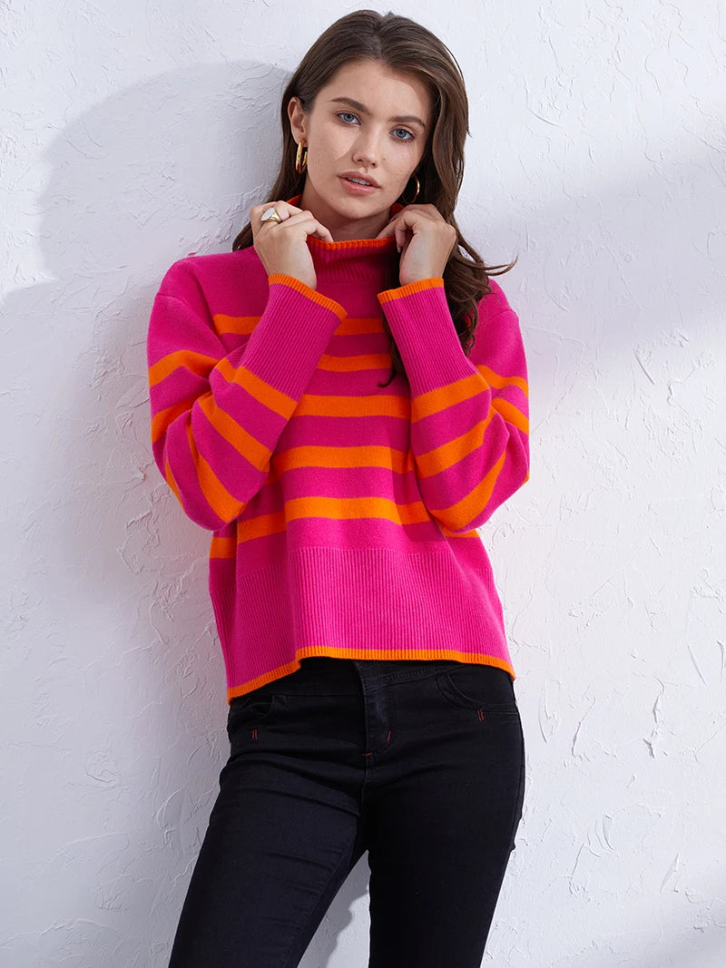 Trendy Pink & Orange Striped Turtleneck Sweater